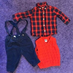 Janie and Jack 3 piece set - button up long sleeve shirt, overalls and vest - 3M
